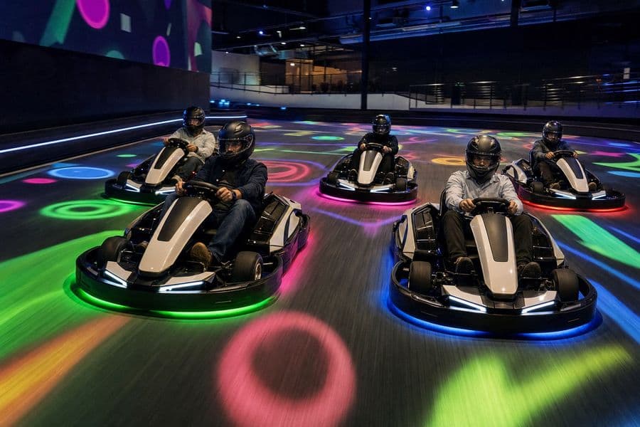 Vijf elektrische karts met gekleurde verlichting racen over een interactieve baan