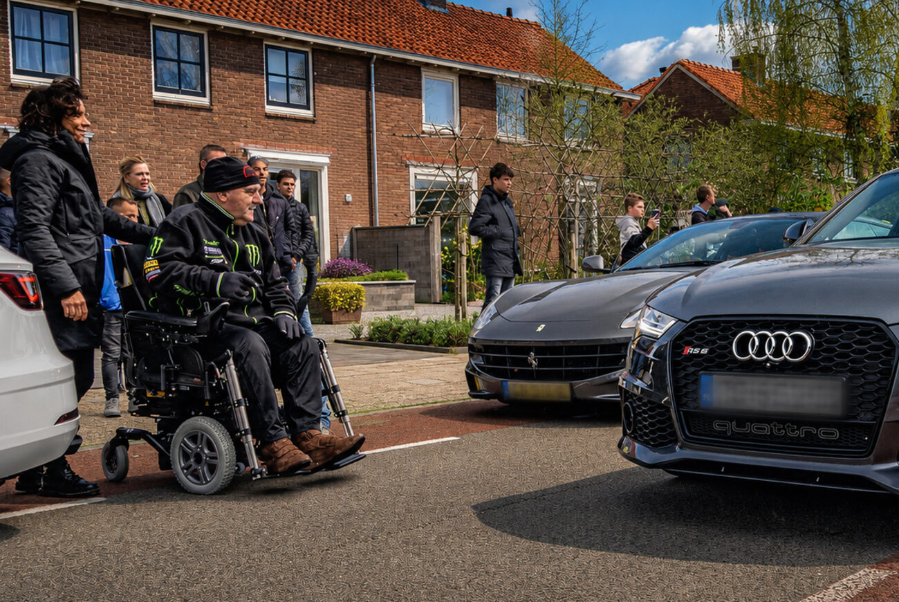 Ferrari en Audi RS6 staan klaar in de straat voor de rit
