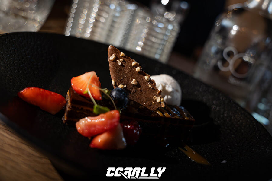 Dessert with strawberries and chocolate at a CCRally club dinner